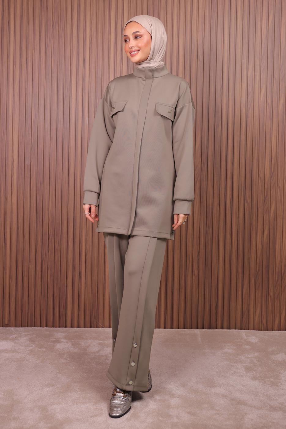 Tesettür giyim KAHVE PANTOLONLU SCUBA ÖRME TAKIM T 7235