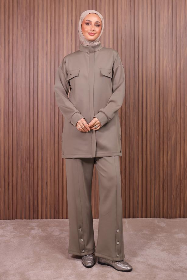 Tesettür giyim KAHVE PANTOLONLU SCUBA ÖRME TAKIM T 7235 - TRENDTESETTÜR