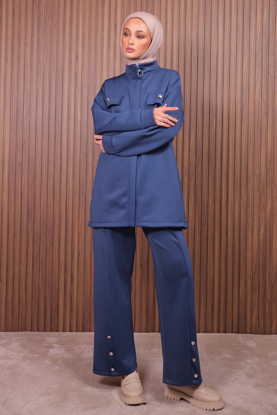 Tesettür giyim LACİVERT PANTOLONLU SCUBA ÖRME TAKIM T 7235