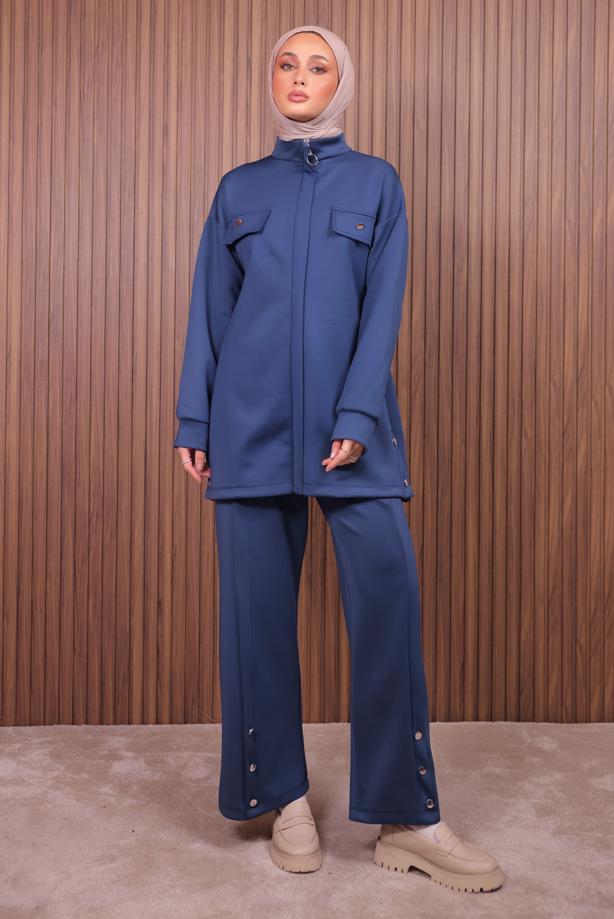 Tesettür giyim LACİVERT PANTOLONLU SCUBA ÖRME TAKIM T 7235 - TRENDTESETTÜR