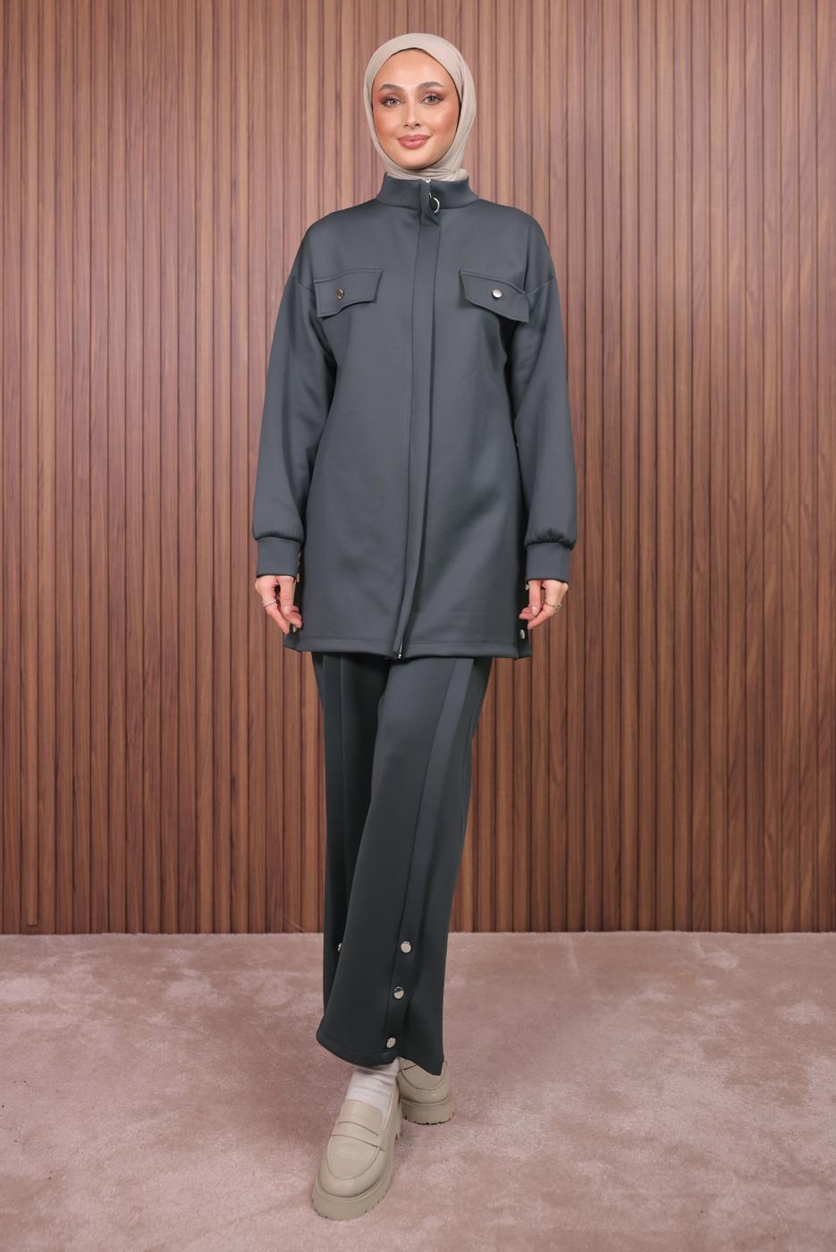 Tesettür giyim GRİ PANTOLONLU SCUBA ÖRME TAKIM T 7235