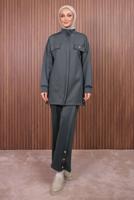 Tesettür giyim GRİ PANTOLONLU SCUBA ÖRME TAKIM T 7235