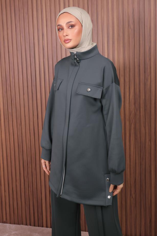 Tesettür giyim GRİ PANTOLONLU SCUBA ÖRME TAKIM T 7235 - TRENDTESETTÜR