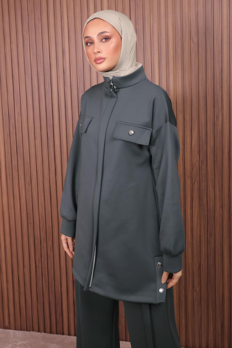 Tesettür giyim GRİ PANTOLONLU SCUBA ÖRME TAKIM T 7235