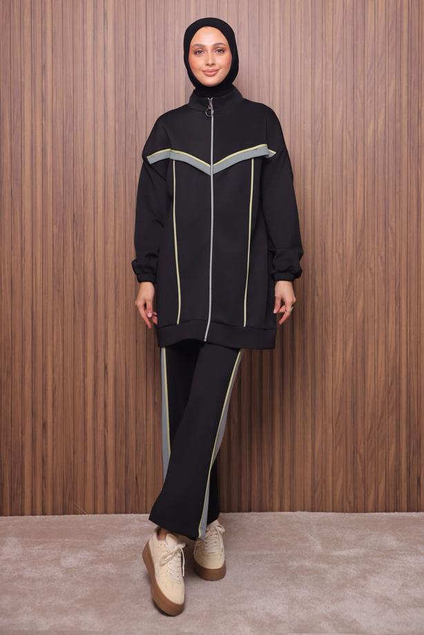 Tesettür giyim SİYAH T 7435 NSS PANTOLONLU SCUBA TAKIM - TRENDTESETTÜR