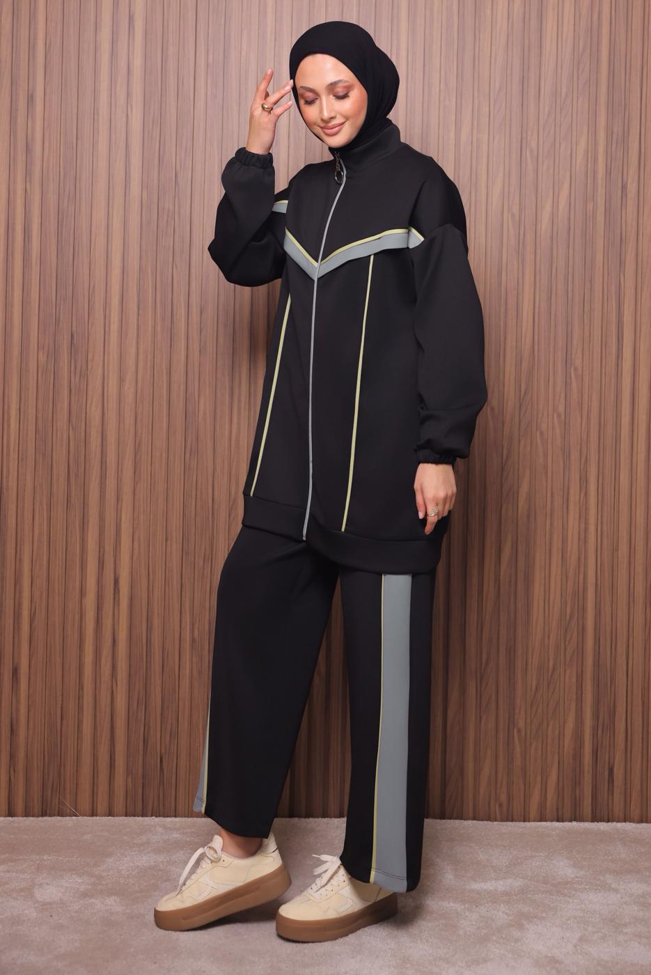 Tesettür giyim SİYAH T 7435 NSS PANTOLONLU SCUBA TAKIM