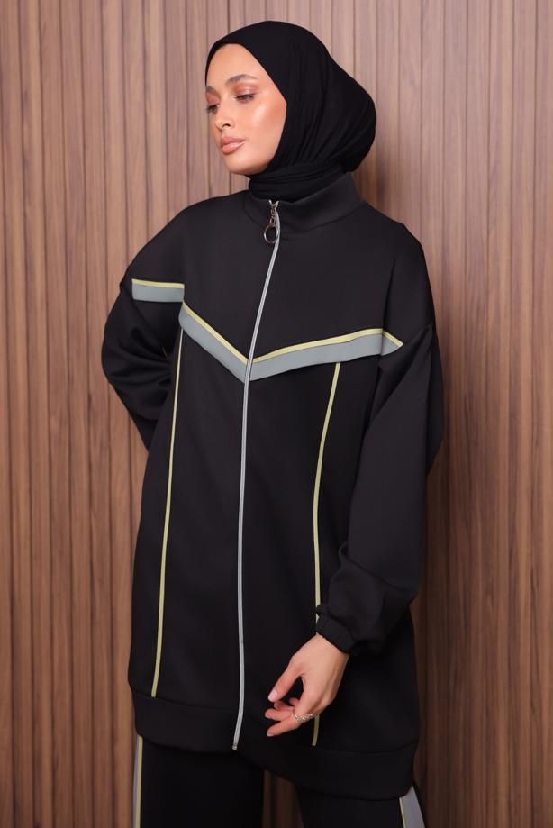 Tesettür giyim SİYAH T 7435 NSS PANTOLONLU SCUBA TAKIM - TRENDTESETTÜR