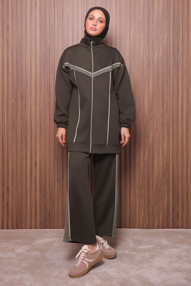 Tesettür giyim KAHVE T 7435 NSS PANTOLONLU SCUBA TAKIM - TRENDTESETTÜR