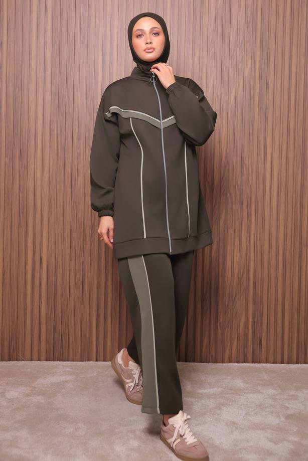 Tesettür giyim KAHVE T 7435 NSS PANTOLONLU SCUBA TAKIM - TRENDTESETTÜR