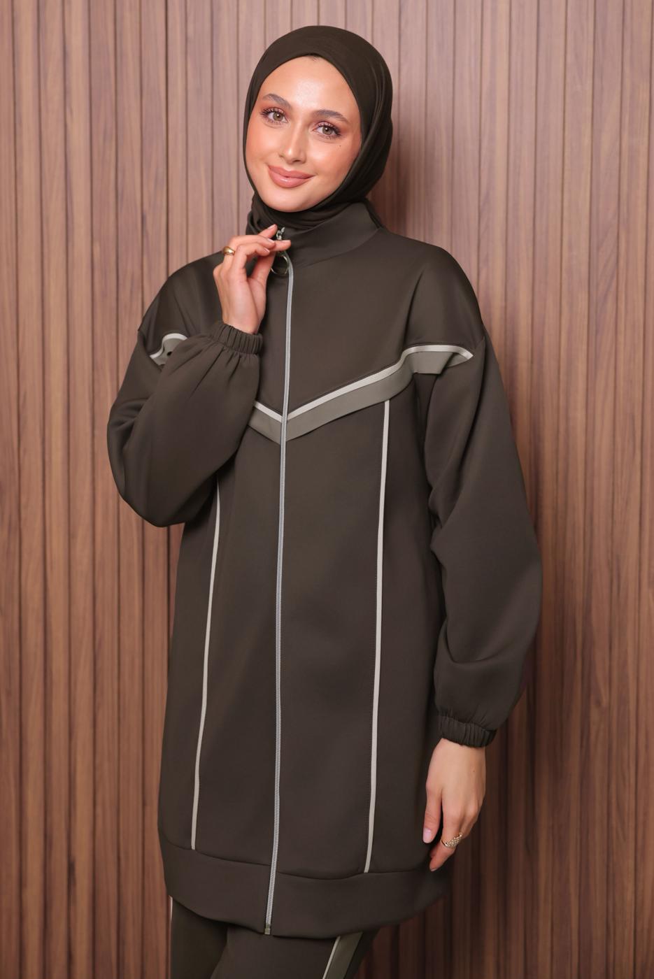 Tesettür giyim KAHVE T 7435 NSS PANTOLONLU SCUBA TAKIM