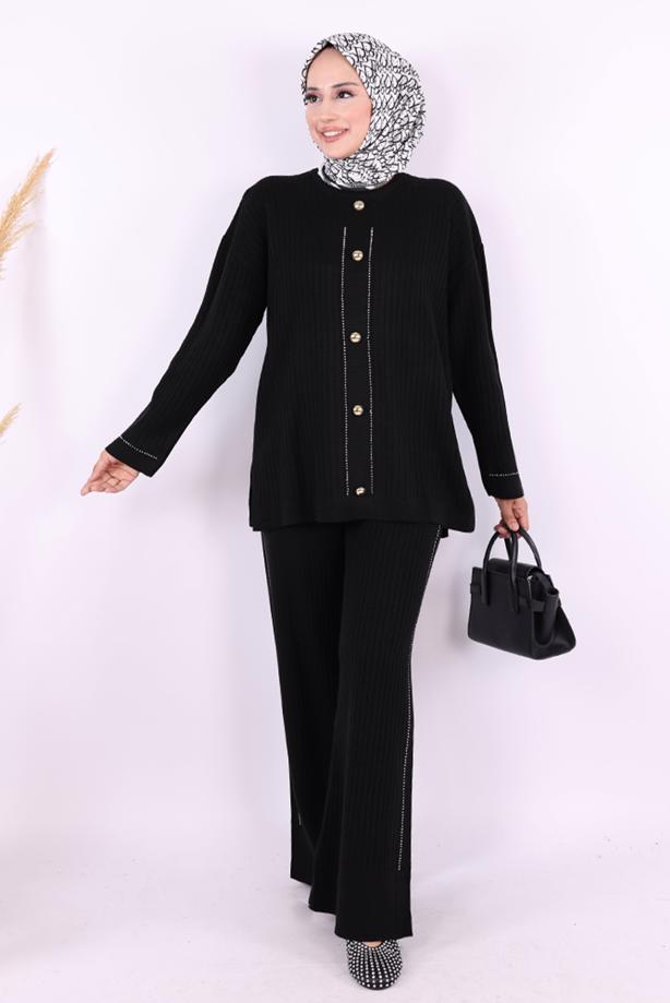 Vêtements hijab NOIR COSTUME EN MAILLE AVEC PANTALON T 75621 - TRENDTESETTÜR