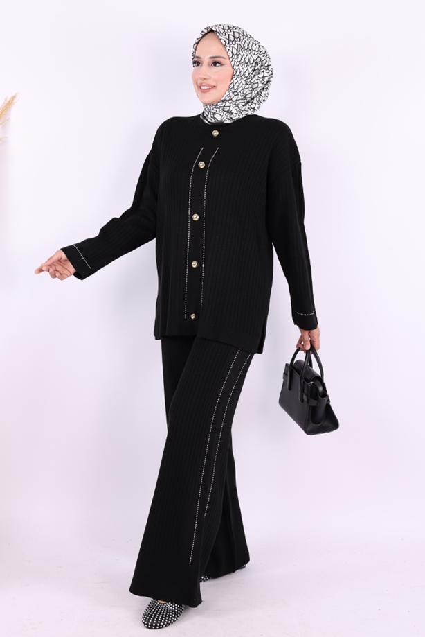 Vêtements hijab NOIR COSTUME EN MAILLE AVEC PANTALON T 75621 - TRENDTESETTÜR