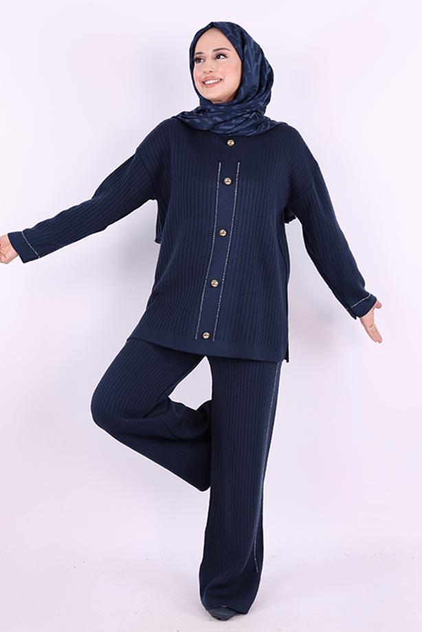 Vêtements hijab BLEU MARINE COSTUME EN MAILLE AVEC PANTALON T 75621 - TRENDTESETTÜR