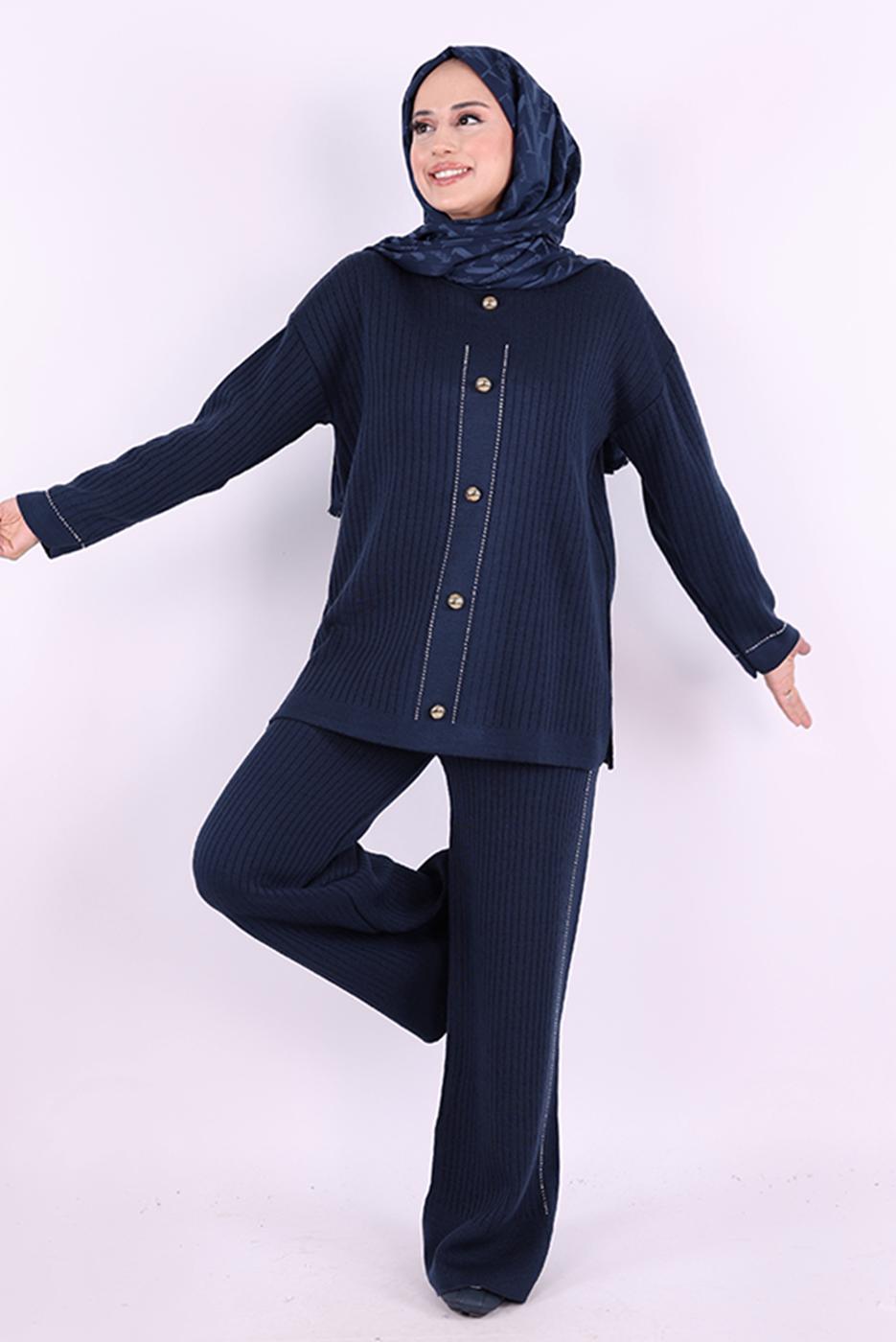 Vêtements hijab BLEU MARINE COSTUME EN MAILLE AVEC PANTALON T 75621