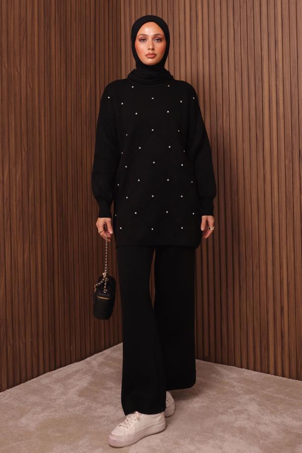 Tesettür giyim SİYAH PANTOLONLU TRİKO TAKIM T 7607 - TRENDTESETTÜR