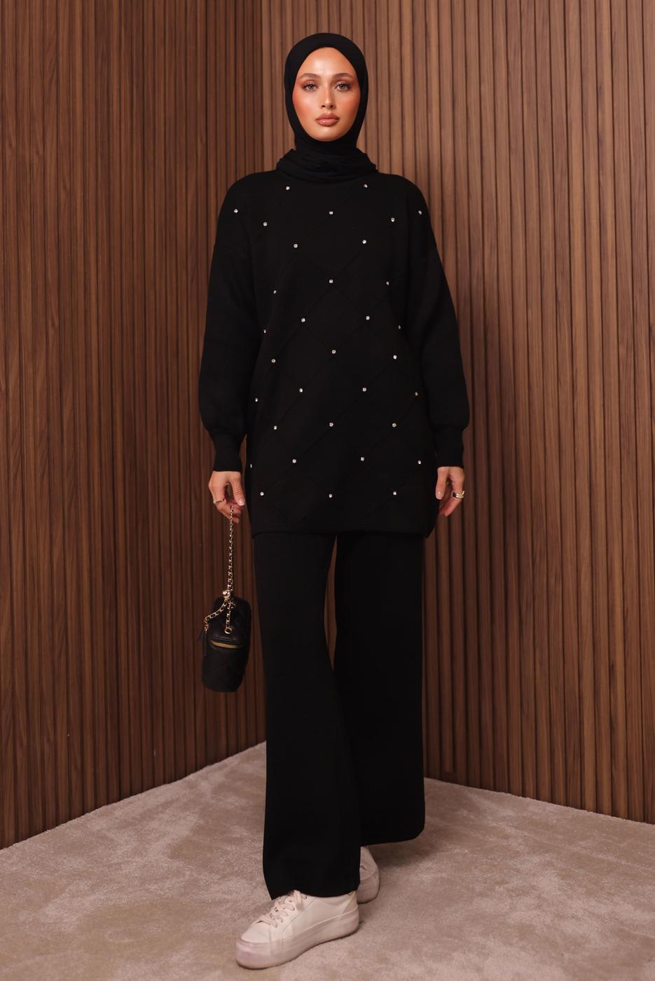 Vêtements hijab NOIR ENSEMBLE PANTALON EN MAILLE T 7607