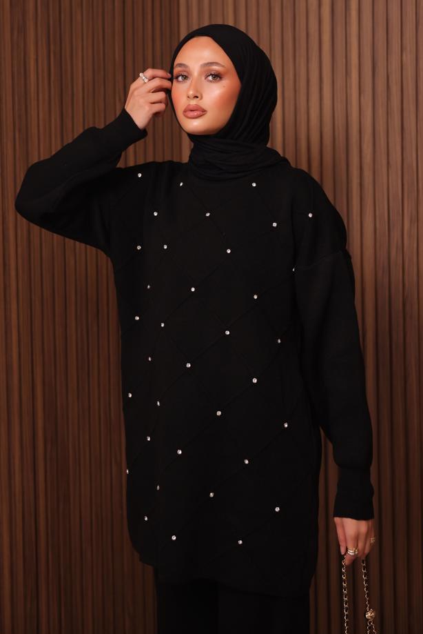 Tesettür giyim SİYAH PANTOLONLU TRİKO TAKIM T 7607 - TRENDTESETTÜR