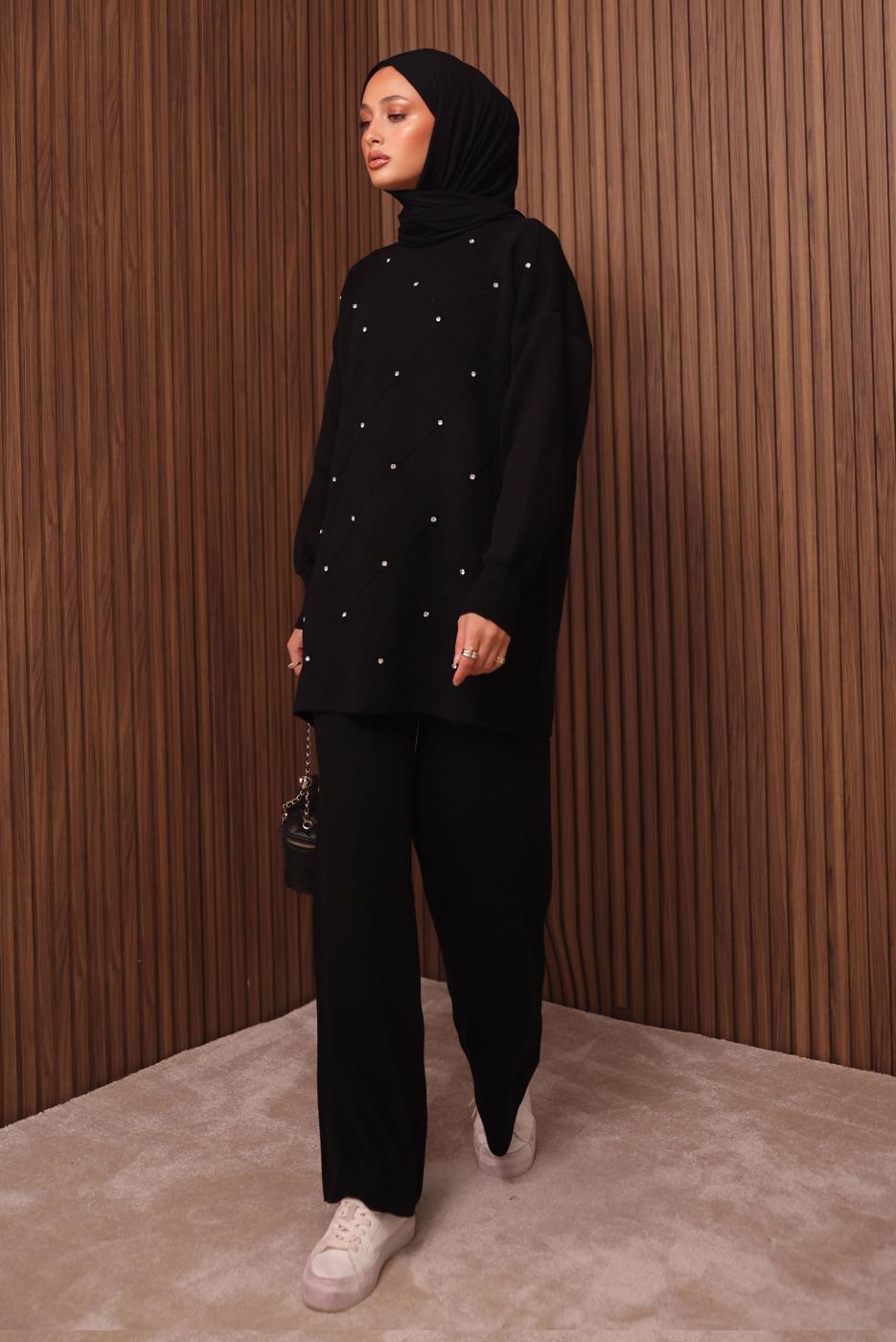 Vêtements hijab NOIR ENSEMBLE PANTALON EN MAILLE T 7607