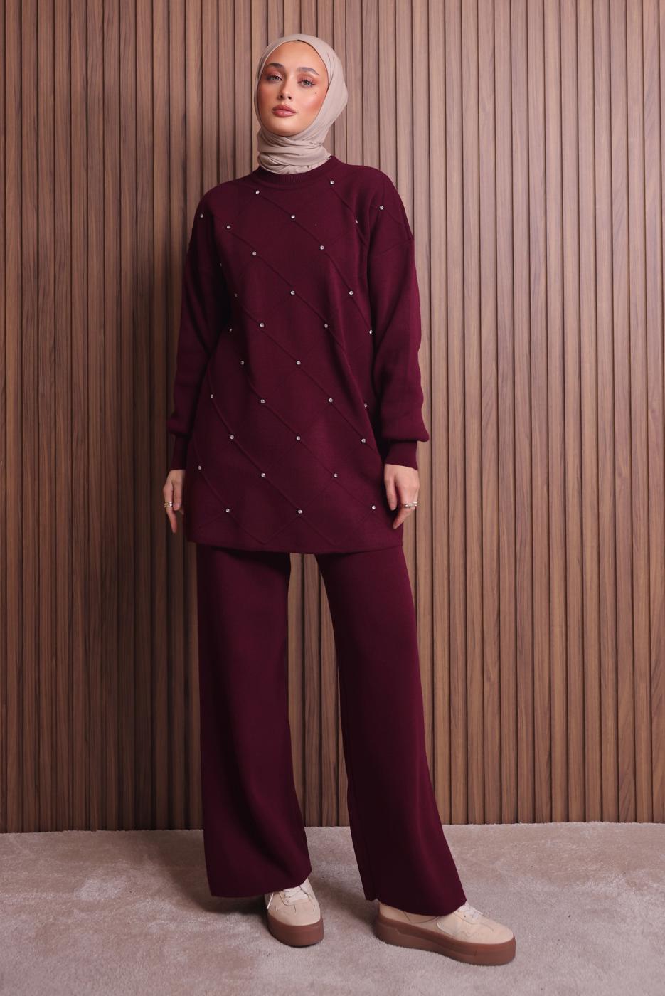Vêtements hijab ROUGE BORDEAUX ENSEMBLE PANTALON EN MAILLE T 7607