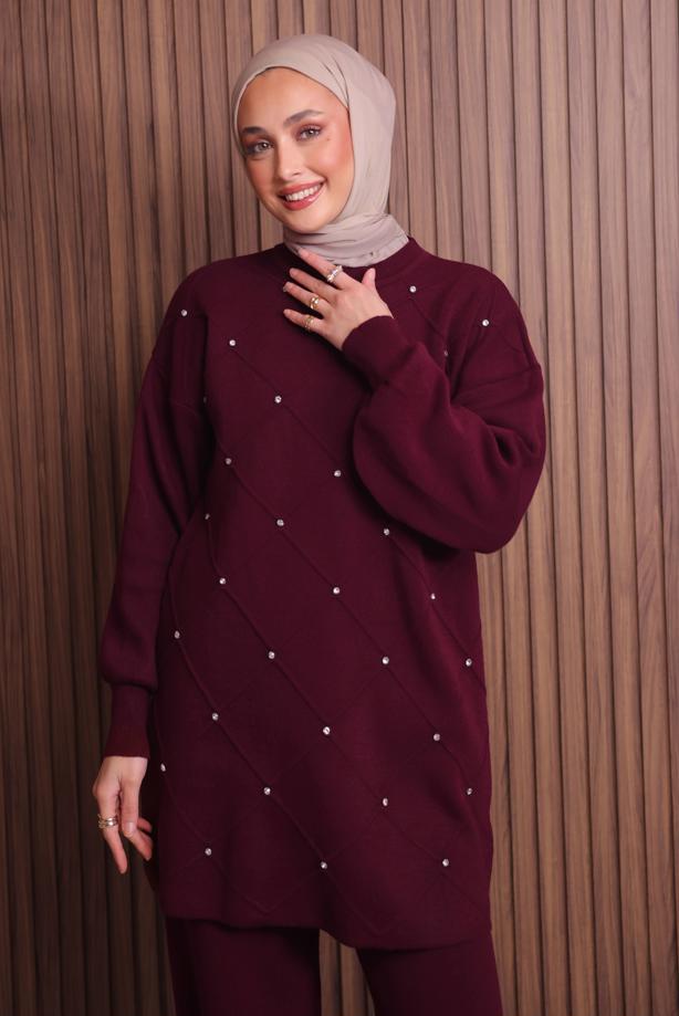 Tesettür giyim BORDO PANTOLONLU TRİKO TAKIM T 7607 - TRENDTESETTÜR