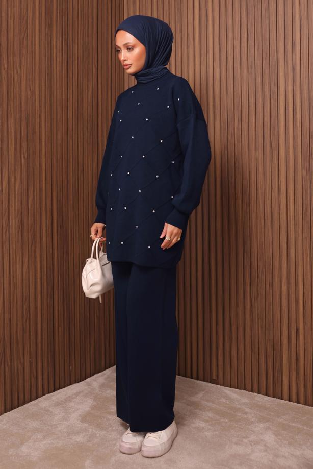 Tesettür giyim LACİVERT PANTOLONLU TRİKO TAKIM T 7607 - TRENDTESETTÜR