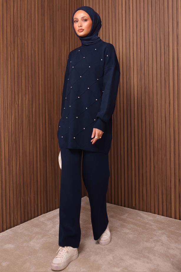 Tesettür giyim LACİVERT PANTOLONLU TRİKO TAKIM T 7607 - TRENDTESETTÜR