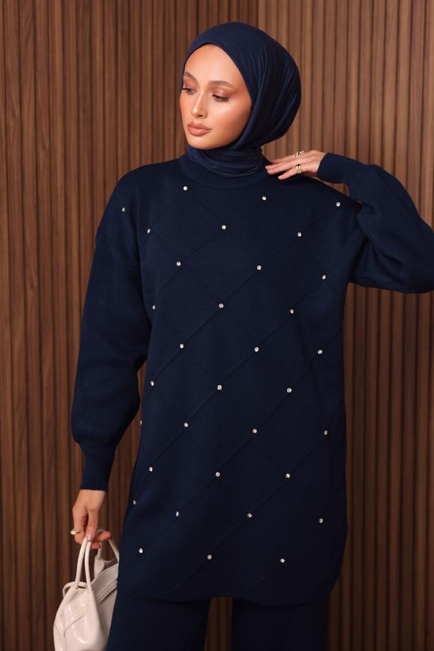 Tesettür giyim LACİVERT PANTOLONLU TRİKO TAKIM T 7607 - TRENDTESETTÜR