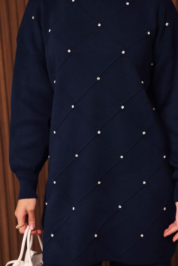 Tesettür giyim LACİVERT PANTOLONLU TRİKO TAKIM T 7607 - TRENDTESETTÜR