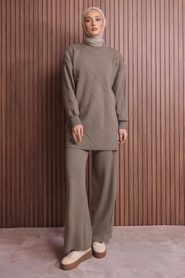 Tesettür giyim VİZON PANTOLONLU TRİKO TAKIM T 7607 - TRENDTESETTÜR