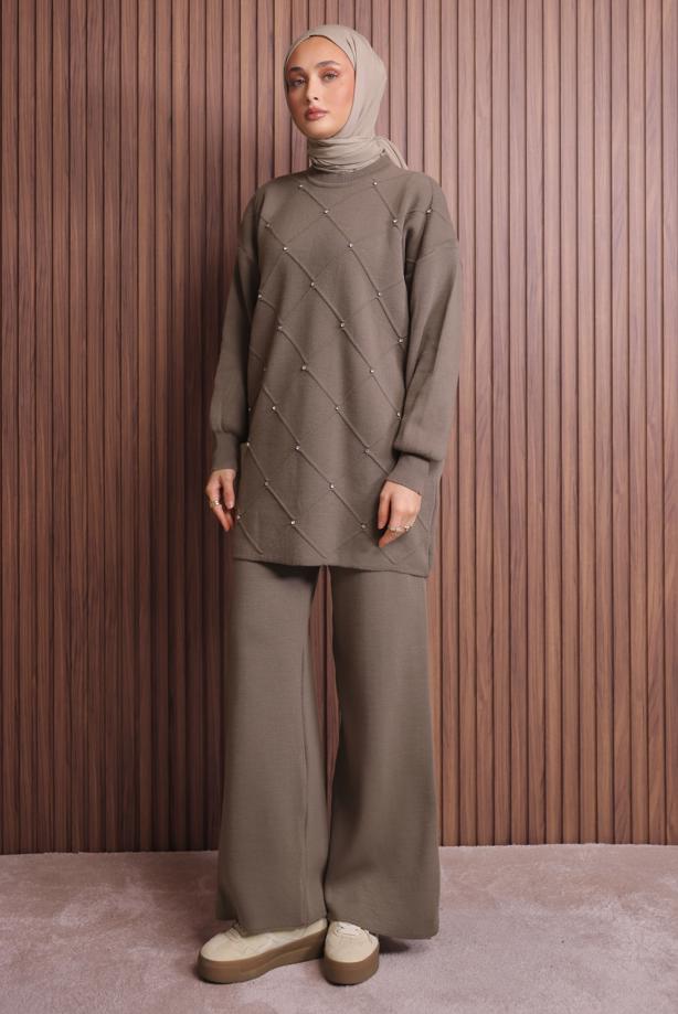 Tesettür giyim VİZON PANTOLONLU TRİKO TAKIM T 7607 - TRENDTESETTÜR