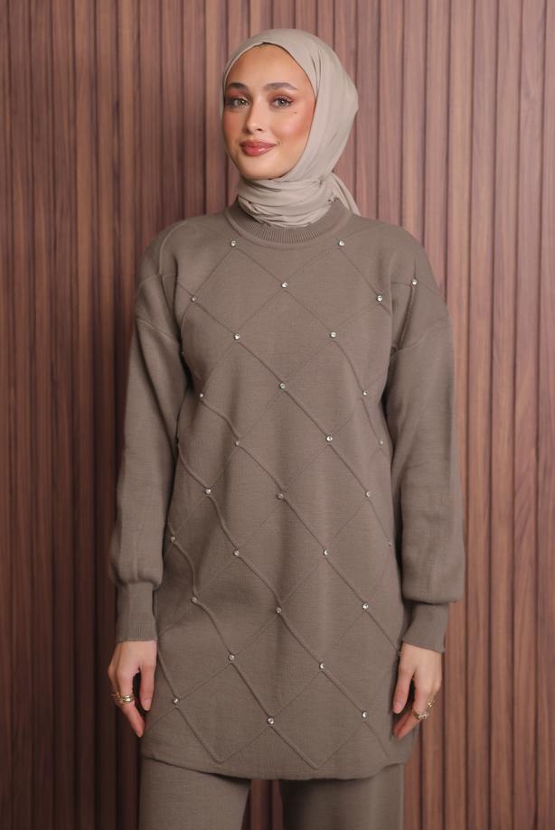 Tesettür giyim VİZON PANTOLONLU TRİKO TAKIM T 7607 - TRENDTESETTÜR