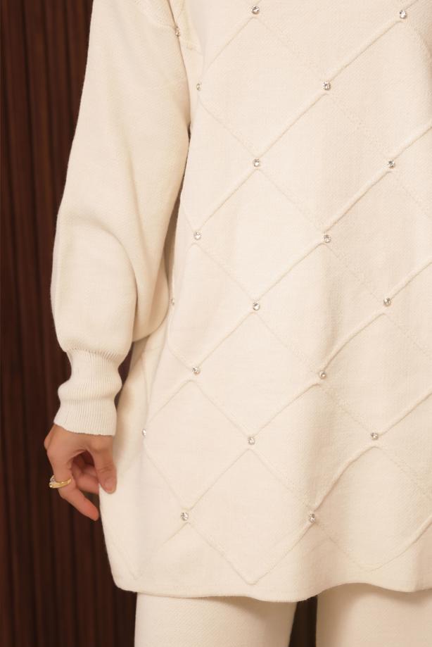 Tesettür giyim BEJ PANTOLONLU TRİKO TAKIM T 7607 - TRENDTESETTÜR