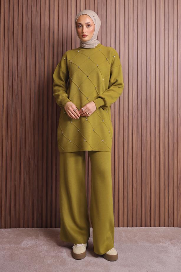 Tesettür giyim YEŞİL PANTOLONLU TRİKO TAKIM T 7607 - TRENDTESETTÜR