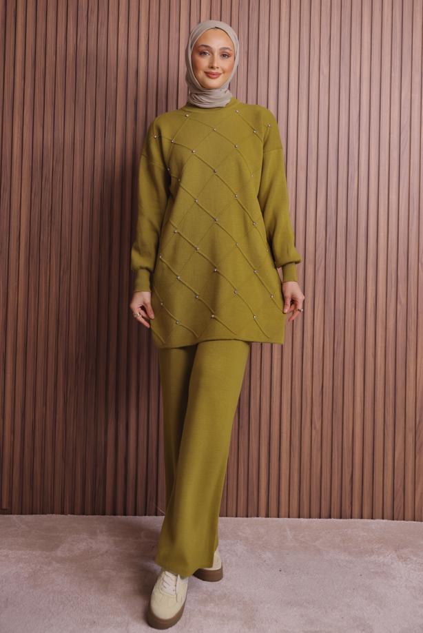 Tesettür giyim YEŞİL PANTOLONLU TRİKO TAKIM T 7607 - TRENDTESETTÜR