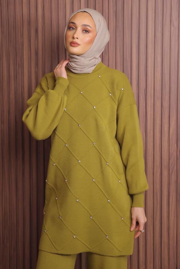 Tesettür giyim YEŞİL PANTOLONLU TRİKO TAKIM T 7607 - TRENDTESETTÜR