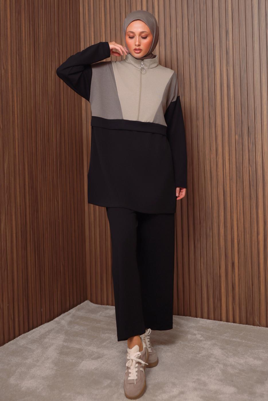 Tesettür giyim SİYAH RENK BLOKLU PANTOLONLU TAKIM T 8035