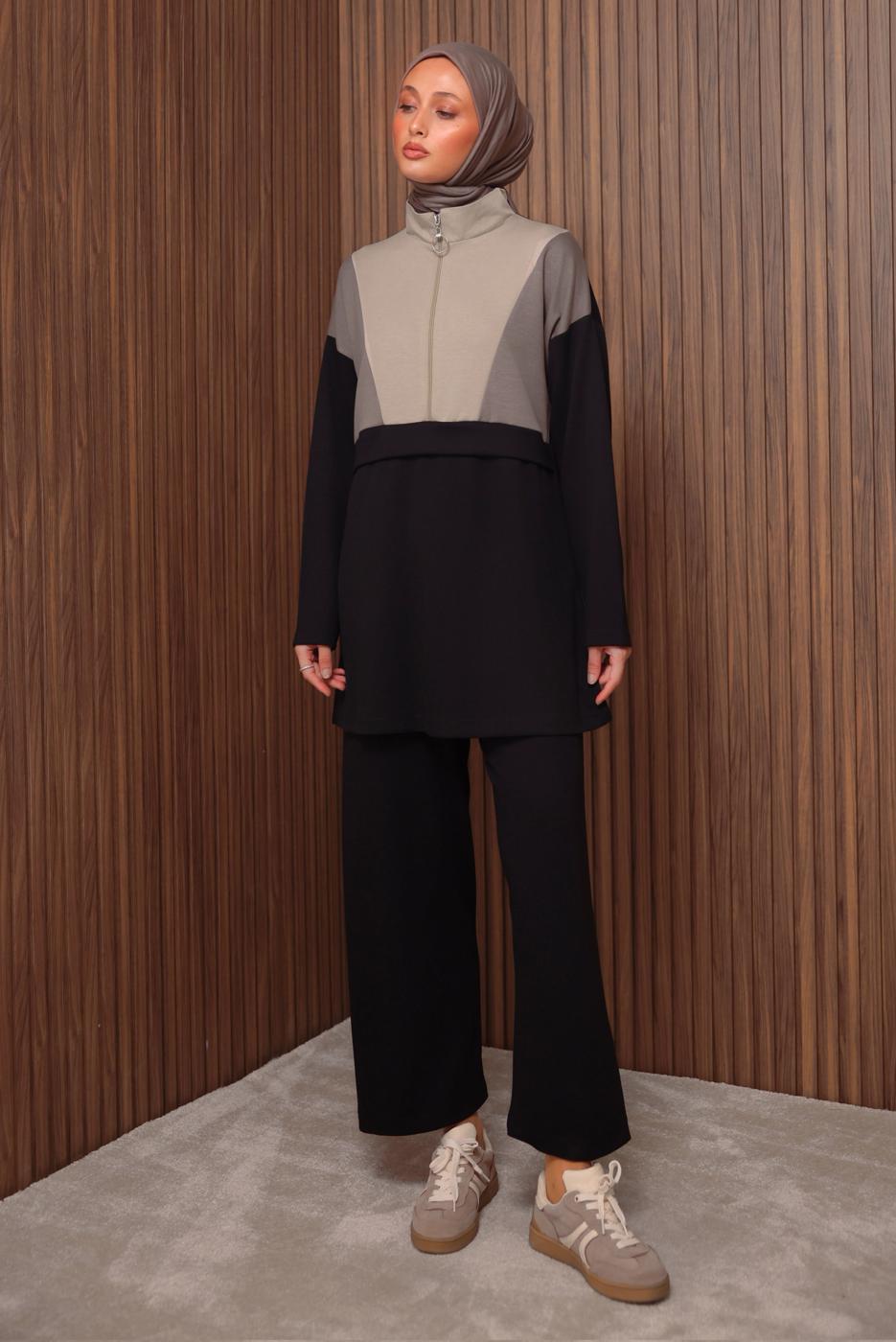 Tesettür giyim SİYAH RENK BLOKLU PANTOLONLU TAKIM T 8035