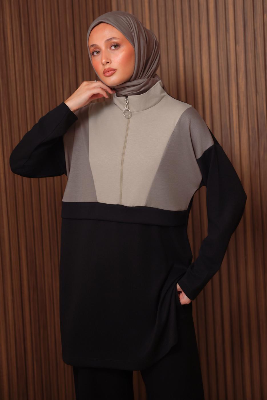 Tesettür giyim SİYAH RENK BLOKLU PANTOLONLU TAKIM T 8035