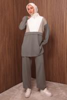 Tesettür giyim VİZON RENK BLOKLU PANTOLONLU TAKIM T 8035