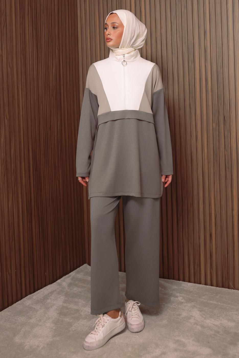 Tesettür giyim VİZON RENK BLOKLU PANTOLONLU TAKIM T 8035