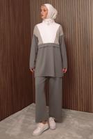 Tesettür giyim VİZON RENK BLOKLU PANTOLONLU TAKIM T 8035