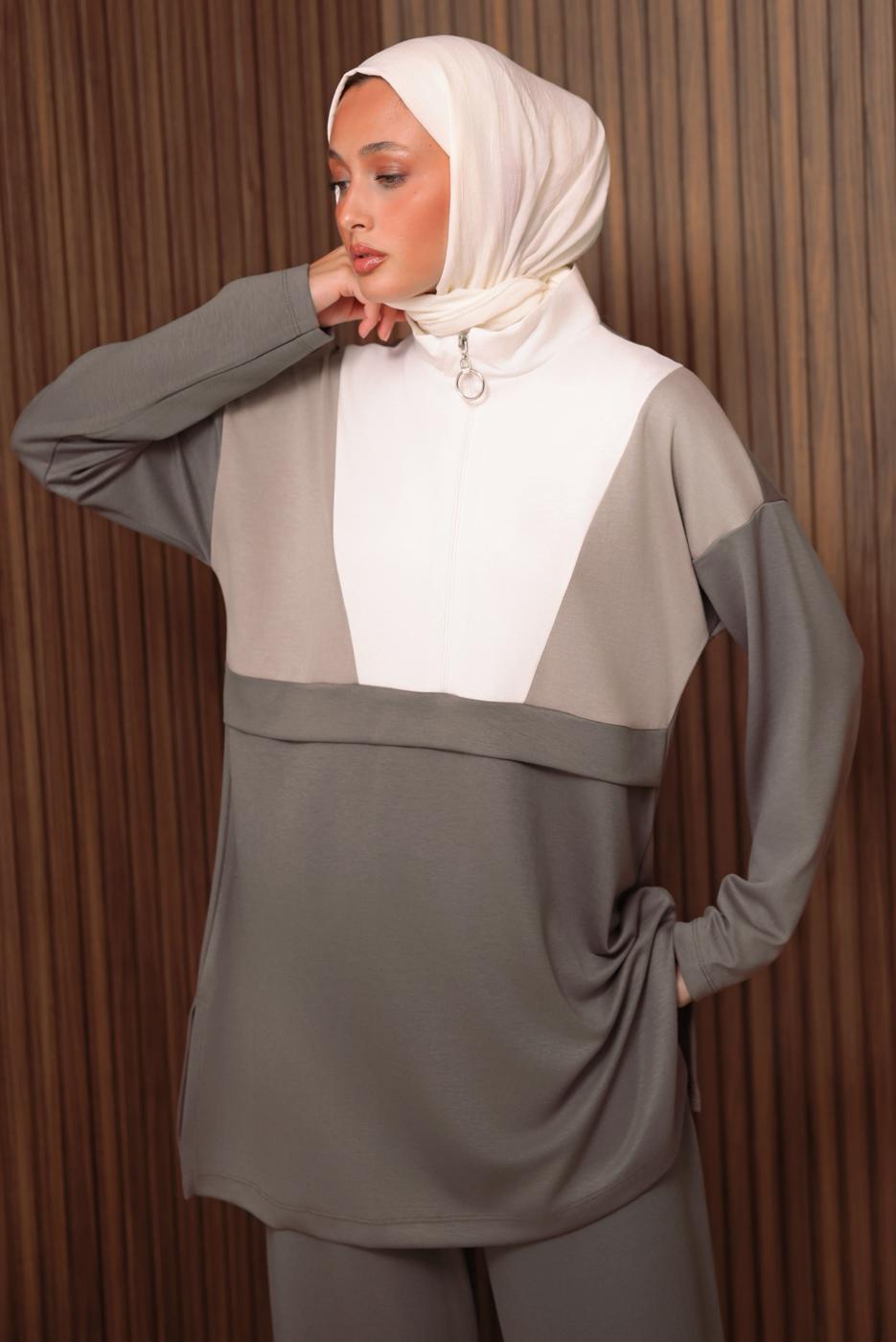 Tesettür giyim VİZON RENK BLOKLU PANTOLONLU TAKIM T 8035