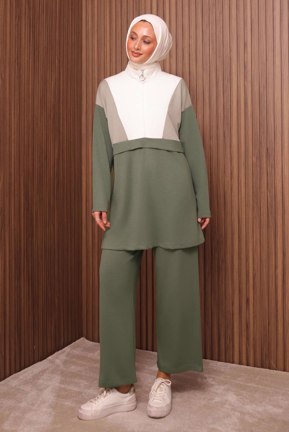 Tesettür giyim YEŞİL RENK BLOKLU PANTOLONLU TAKIM T 8035