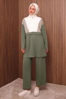 Tesettür giyim YEŞİL RENK BLOKLU PANTOLONLU TAKIM T 8035