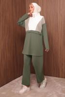 Tesettür giyim YEŞİL RENK BLOKLU PANTOLONLU TAKIM T 8035