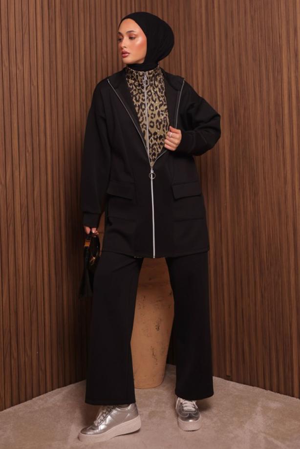 Tesettür giyim SİYAH PANTOLONLU SCUBA ÖRME TAKIM T 8335 - TRENDTESETTÜR