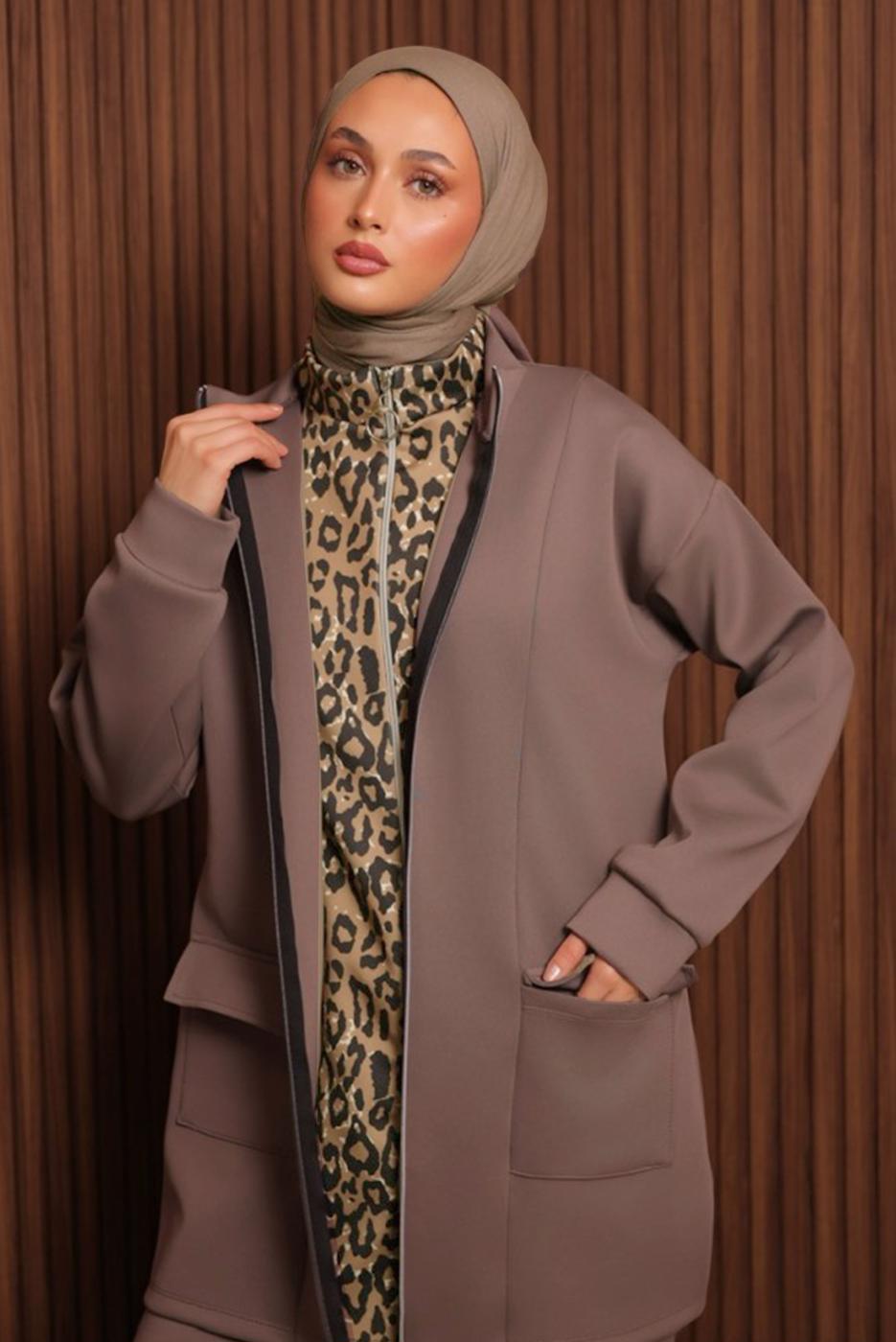 Tesettür giyim KAHVE PANTOLONLU SCUBA ÖRME TAKIM T 8335