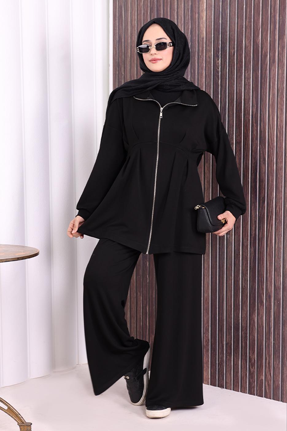 Tesettür giyim SİYAH PANTOLONLU FERMUARLI TAKIM T 8506