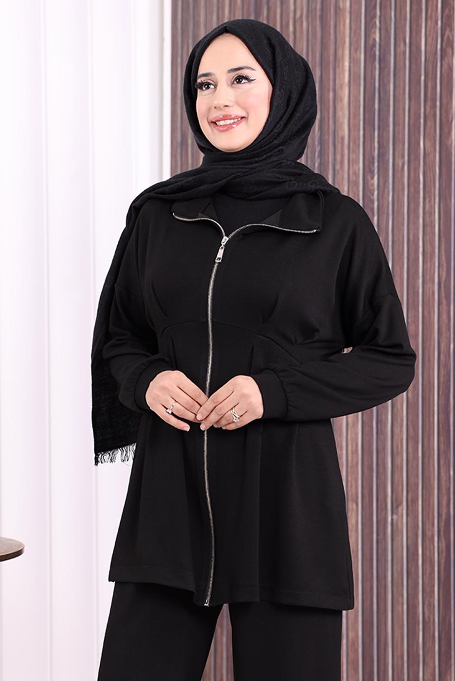 Tesettür giyim SİYAH PANTOLONLU FERMUARLI TAKIM T 8506