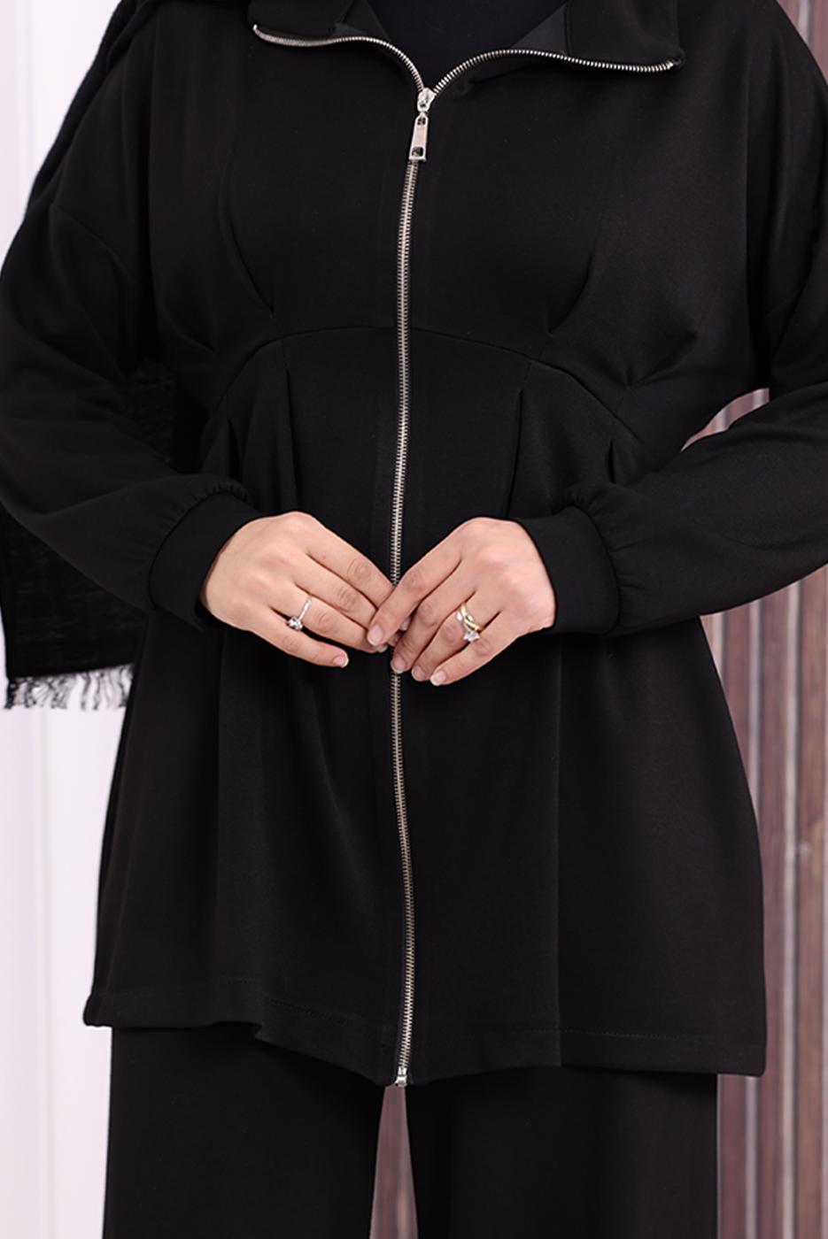 Tesettür giyim SİYAH PANTOLONLU FERMUARLI TAKIM T 8506